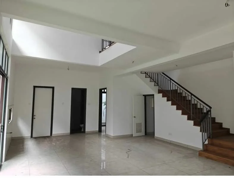 Room features: white painted walls, marble tile flooring, staircase with wooden steps, large windows, double doors, high ceiling, open layout, natural light from skylight; style: modern.