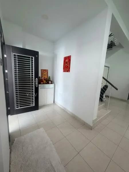 Room features: white painted walls, tile flooring, black security door with grille, white cabinetry, decorative wall art, staircase visible in background, area rug, light ceiling, natural light from entrance; style: modern.
