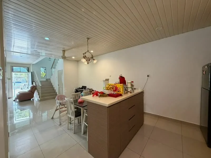 Kitchen features: island countertop with bar seating, brown wood cabinetry, stainless-steel fridge, ceramic tile flooring, white painted walls, recessed downlights, pendant light fixture, open layout to dining area, kitchen appliances on countertop, decorative fruit bowl; style: modern. Dining features: 4-seater dining table, white wooden chairs, decorative table setting; style: modern. Living features: beige fabric sofa, coffee table, TV console, open layout to kitchen, natural light from windows; style: modern.
