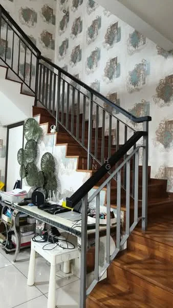 Room features: wooden staircase, metal railing, white tiled flooring, decorative wallpaper with floral pattern, wooden flooring on stairs, table with electronic devices, wall-mounted camera, decorative wall art, ceiling light fixture; style: modern.