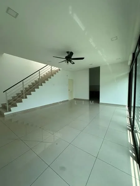 Living features: white painted walls, polished tile flooring, 5-blade ceiling fan, large floor-to-ceiling windows, staircase with metal railing, open layout, natural light, neutral color scheme; style: modern.