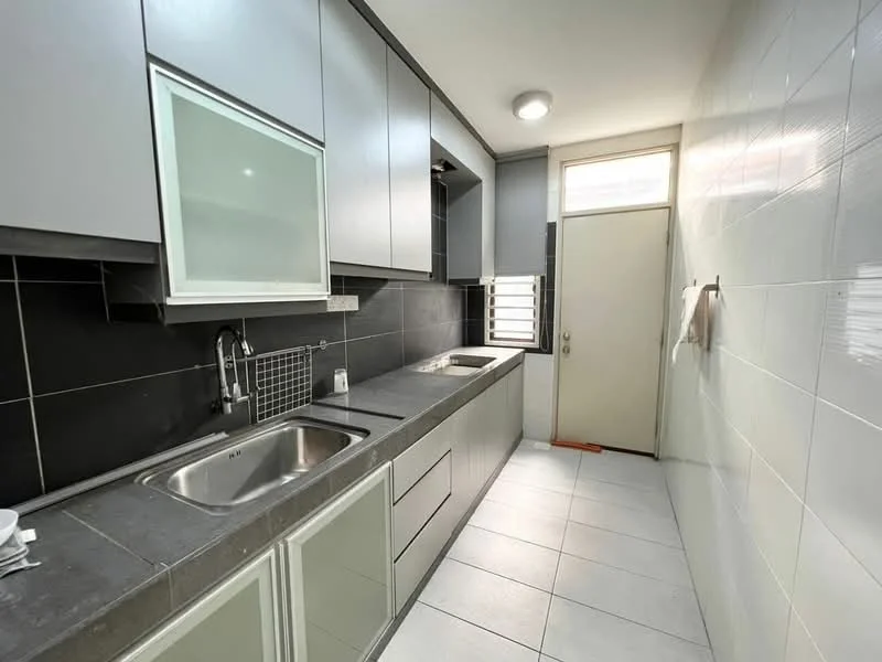 Kitchen features: grey cabinetry, white upper cabinets, black countertop, double-bowl stainless-steel sink, chrome pull-down faucet, built-in oven, ceramic tile flooring, white tiled walls, window for natural light, door leading outside, wall-mounted storage, kitchen towel rack; style: modern.