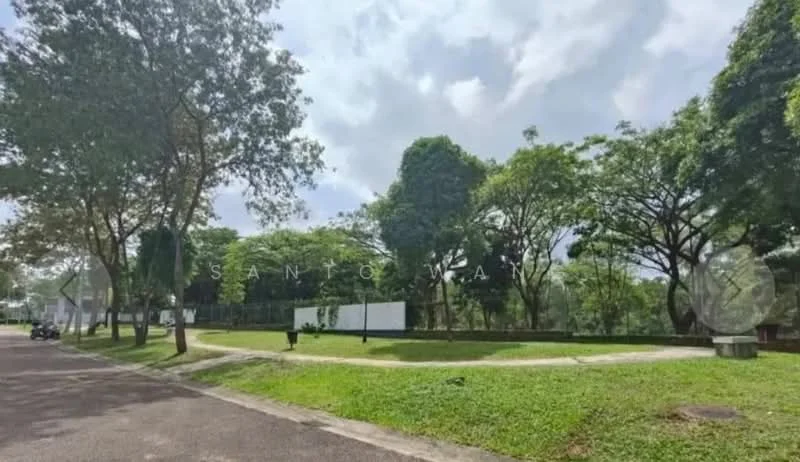 Exterior type: landscape garden; features: manicured lawn, mature trees, paved walkway, greenery, open space, surrounded by trees, cloudy sky; style: tropical-modern.