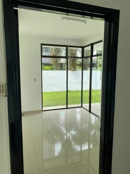 Room features: white painted walls, glossy tile flooring, floor-to-ceiling windows, black framed glass doors, natural light from windows, view of green lawn, ceiling light fixture; style: modern; view: garden.