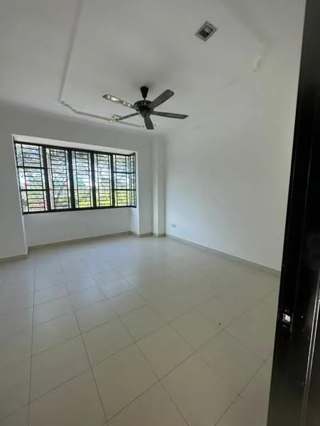 Room features: white painted walls, tile flooring, 5-blade ceiling fan, large windows with black frames, natural light, corner room, no visible furniture; style: modern; view: city.