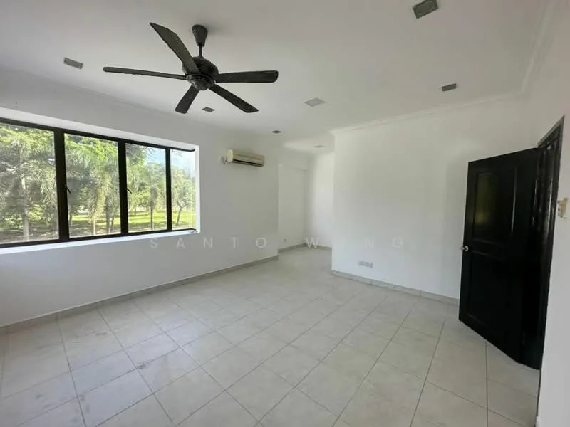Room features: white painted walls, tile flooring, 5-blade ceiling fan, 1 wall-mounted split AC, large windows, black door, natural light, view of greenery; style: modern; view: garden.