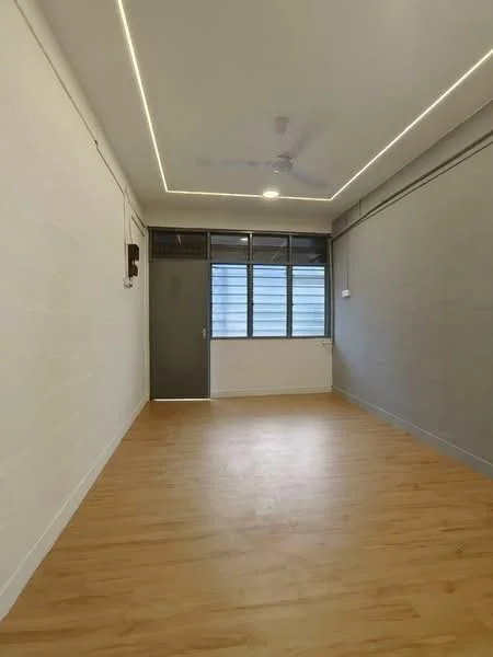 Room features: light wood laminate flooring, white painted walls, grey accent wall, recessed ceiling lights, ceiling fan, large windows, window treatments, door to exterior; style: modern.
