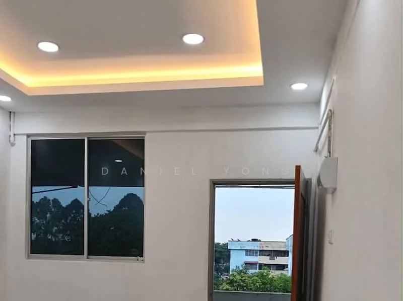 Room features: white painted walls, tray ceiling with recessed lighting, floor-to-ceiling windows, sliding glass door, LED downlights, window treatments, view of greenery, air conditioning unit; style: modern; view: garden.