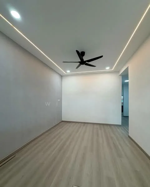 Room features: grey accent wall, white painted walls, wooden flooring, 5-blade ceiling fan, recessed LED downlights, LED strip lighting; style: modern.