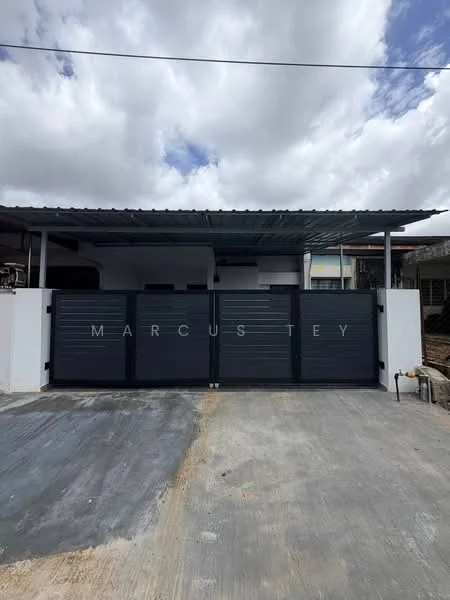 Exterior features: black sliding gate, white painted walls, metal roof, concrete driveway, paved surface, overhead shelter; style: modern.