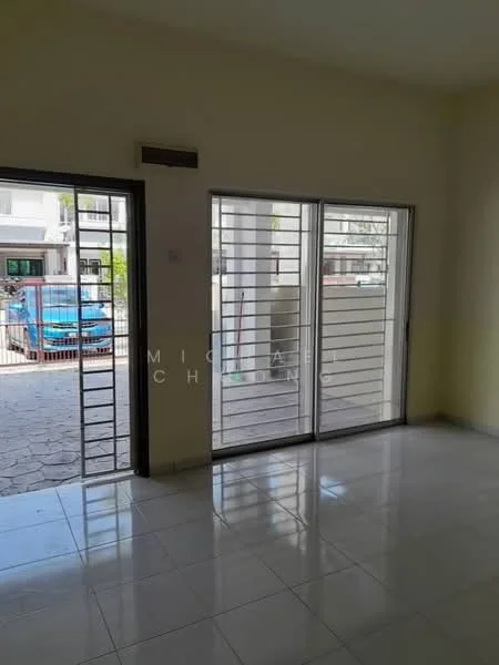 Room features: white painted walls, glossy tile flooring, sliding glass door, security grille on doors, natural light from windows, open layout, view of exterior, access to outdoor area; style: modern; view: garden.