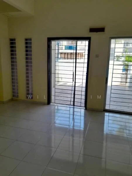 Room features: white painted walls, glossy tile flooring, sliding glass door, floor-to-ceiling windows, security bars on windows, natural light from windows, neutral color scheme; style: modern; view: courtyard.