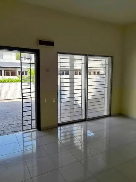 Room features: white painted walls, glossy ceramic tile flooring, sliding glass door, grille security door, large windows, natural light, open layout, neutral color scheme; style: modern; view: garden.