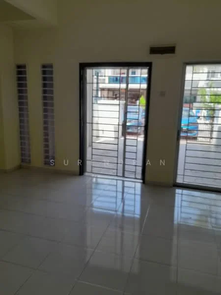 Room features: white painted walls, glossy ceramic tile flooring, sliding glass door, security bars on windows, natural light from windows, open layout, neutral color scheme; style: modern; view: courtyard.