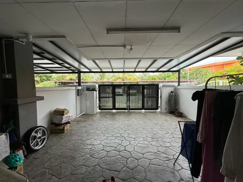 Room features: stone-patterned flooring, metal roof, exposed ceiling, wall-mounted air conditioning unit, sliding glass doors, clothes drying rack, storage boxes, open space, greenery visible outside; style: modern; view: garden.