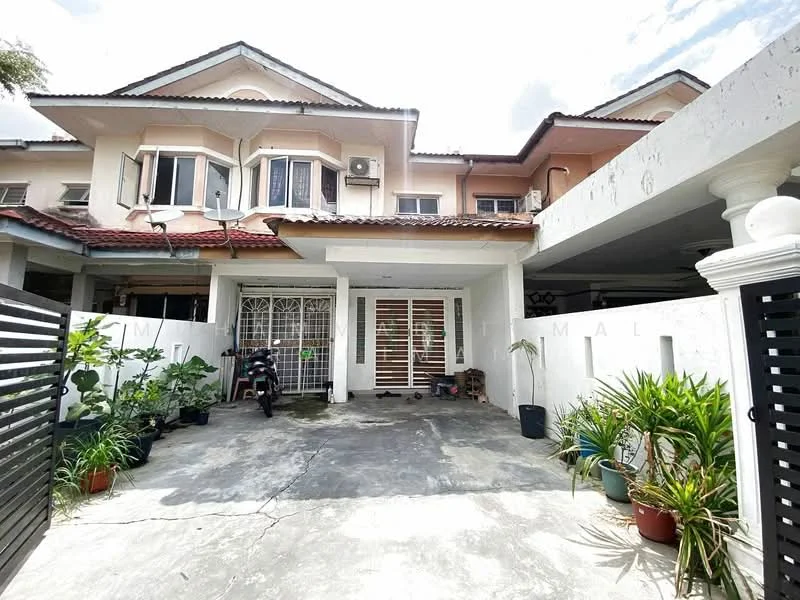 Exterior type: linked terrace house; features: two-storey building, white painted facade, red tiled roof, front porch with concrete flooring, manicured potted plants, motorbike parked in driveway, security gate, grilled windows, balcony on upper floor, surrounded by greenery; style: modern.