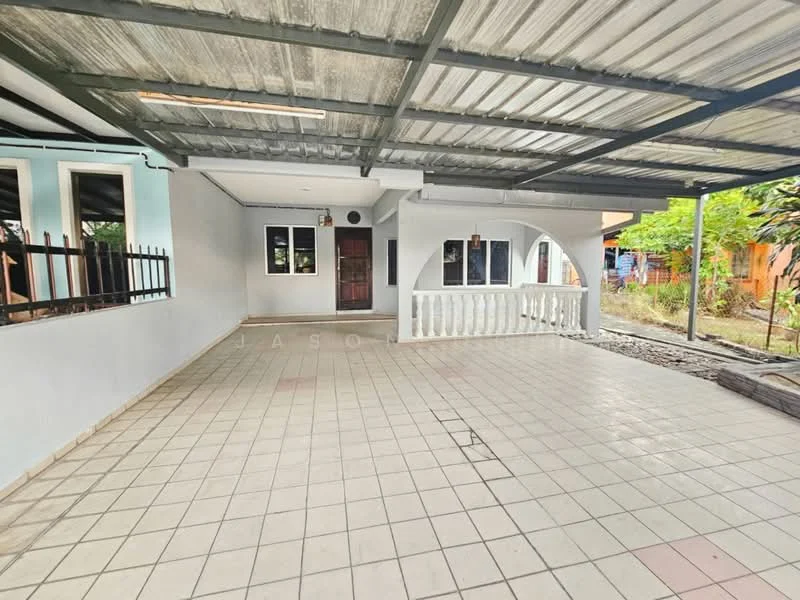 Exterior features: covered patio, tiled flooring, metal roof, white painted walls, arched openings, fenced area, landscaped garden, windows with grills; style: modern.