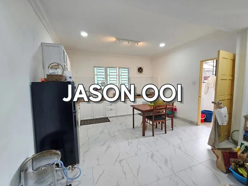 Kitchen features: white painted walls, marble tile flooring, recessed downlights, single-bowl stainless-steel sink, chrome pull-down faucet, white cabinetry, built-in oven, freestanding range oven, dining table with four chairs, window with horizontal slats, door leading to hallway, black refrigerator; style: modern.