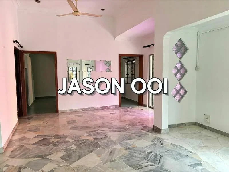 Room features: marble flooring, white painted walls, ceiling fan, multiple doorways, mirrored wall decor, natural light from windows, neutral color scheme, high ceiling; style: modern.