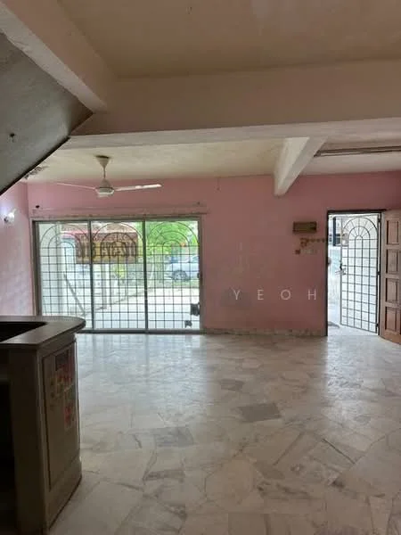 Living features: marble flooring, pink painted walls, exposed ceiling beams, 5-blade ceiling fan, large glass sliding doors, security grilles on doors, wooden front door, natural light from windows.