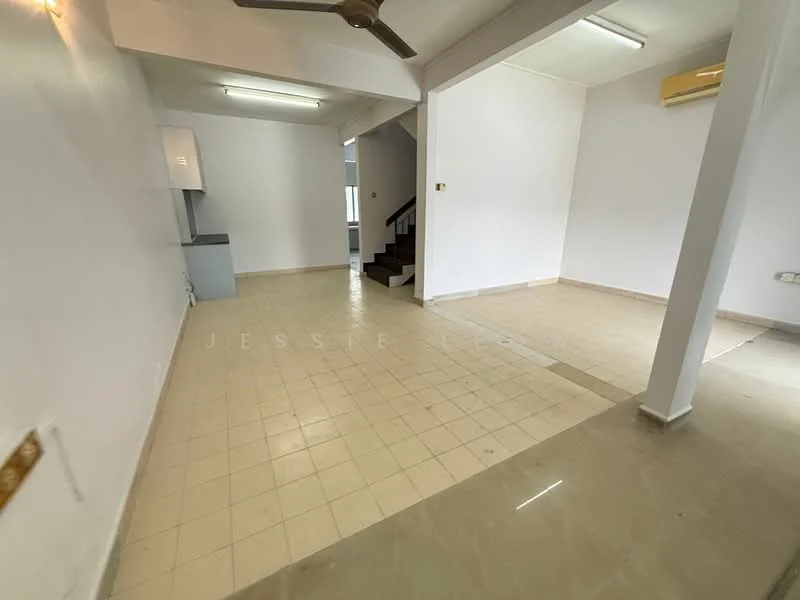 Room features: white painted walls, tile flooring, ceiling fan, staircase, air conditioning unit, kitchen cabinetry, sink, open layout; style: modern.