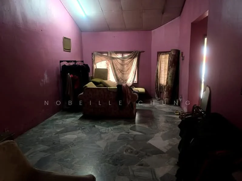 Room features: pink painted walls, marble flooring, large window with sheer curtains, sofa, clothing rack, decorative curtain, light fixture on ceiling.