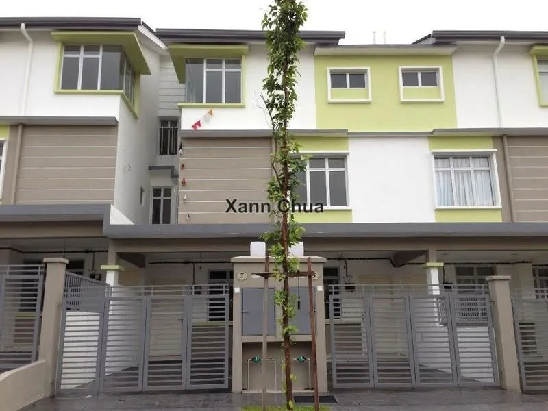Exterior type: linked terrace house; features: two-storey building, grey and white painted facade, green accent panels, horizontal siding, gated entrance, manicured landscaping, paved driveway, balconies on upper floor, security grilles, visible utility meters; style: modern.