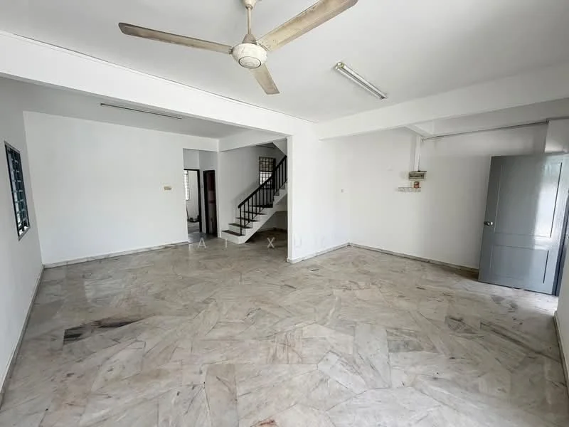 Living features: marble flooring, white painted walls, ceiling fan, large windows, staircase leading to upper floor, door leading to hallway, light fixtures on ceiling, open layout; style: minimalist.