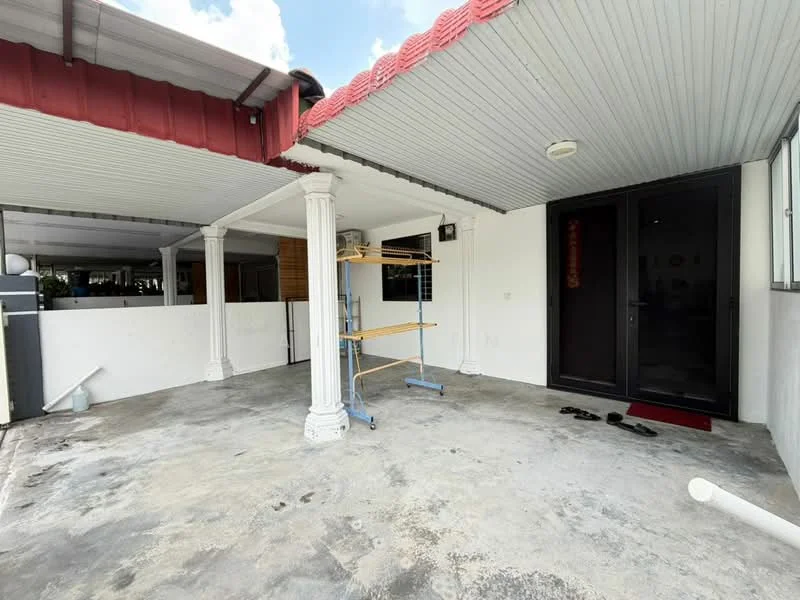 Exterior features: covered patio, red metal roof, white painted walls, concrete flooring, two decorative columns, laundry drying rack, door with glass panels, sliding door, outdoor space, no visible landscaping; style: modern.