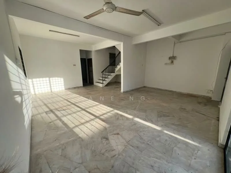 Living features: marble flooring, white painted walls, ceiling fan, large windows allowing natural light, staircase leading to upper floor, open layout, no visible furniture, neutral color scheme; style: modern.