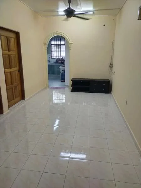 Living features: cream painted walls, glossy white tile flooring, 5-blade ceiling fan, wooden door, built-in TV console, arched doorway, window with grid pattern, visible electrical wiring.