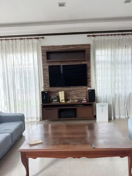 Living features: 2-seater fabric sofa in light blue, wooden coffee table, wall-mounted TV, wooden TV console, black speakers, air purifier, floor-to-ceiling windows, sheer curtains, tile flooring, decorative wall paneling, recessed ceiling lights; style: modern; view: garden.