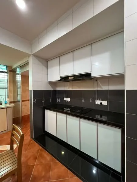 Kitchen features: black granite countertop, white cabinetry with glass fronts, built-in stove, exhaust hood, ceramic tile backsplash, tile flooring in terracotta color, single-bowl stainless-steel sink, wall-mounted electrical outlets, under-cabinet lighting; style: modern.