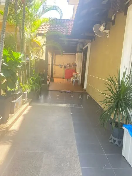 Room features: paved walkway, tiled flooring, exterior wall with cream paint, green potted plants, tropical landscaping, outdoor seating area, laundry area visible in background, air conditioning unit mounted on wall; style: modern; view: garden.