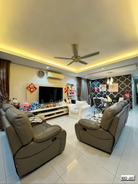 Living features: reclining leather sofas in grey, flat-screen TV on wall-mounted console, ceiling fan with integrated light, decorative wall with geometric pattern, white tiled flooring, LED strip lighting, curtains in brown, wall-mounted clock, decorative plush toys, coffee table, area rug with abstract pattern; style: modern.