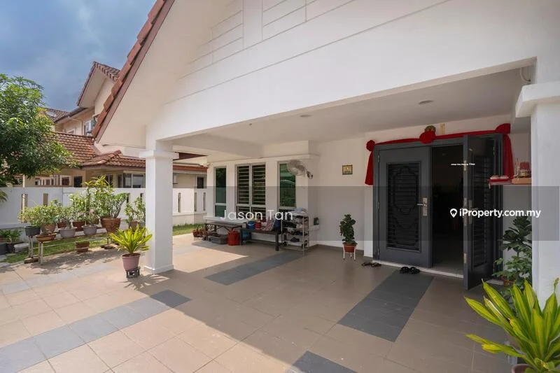 Exterior type: detached bungalow; features: covered porch, grey tiled flooring, white painted facade, black front door, decorative red accents, potted plants, manicured garden, windows with grilles, outdoor seating area; style: modern.