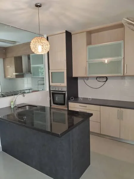 Kitchen features: black granite countertop, light wood cabinetry, built-in oven, stainless-steel sink, chrome pull-down faucet, glass-front upper cabinets, pendant light fixture, ceramic tile backsplash, open layout, grey laminate flooring; style: modern.