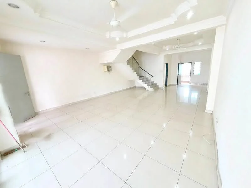 Living features: white painted walls, glossy ceramic tile flooring, tray ceiling, 2 ceiling fans, 1 wall-mounted split AC, staircase with metal railing, large windows for natural light, open layout, neutral color scheme, no visible furniture; style: modern.