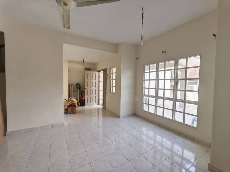 Room features: white painted walls, ceramic tile flooring, ceiling fan, large windows, natural light, open layout, doorway leading to another room, corner space; style: modern; view: garden.