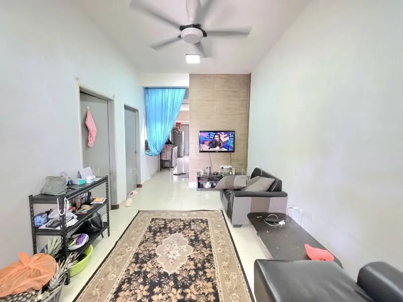 Living features: light grey painted walls, white ceiling, 5-blade ceiling fan with light, wall-mounted TV, black TV console, 3-seater fabric sofa in grey, area rug with floral pattern, decorative wall art, sliding door to kitchen, open layout, tile flooring; style: modern.