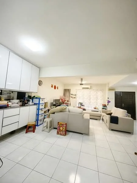 Kitchen features: white cabinetry, ceramic tile flooring, stainless-steel sink, built-in cabinets, countertop with storage, open shelving, recessed downlights; style: modern. Living features: 3-seater fabric sofa in cream, 2-seater fabric sofa in cream, coffee table, TV console, area rug, floor-to-ceiling windows with sheer curtains, ceiling fan, wall-mounted TV; style: modern.
