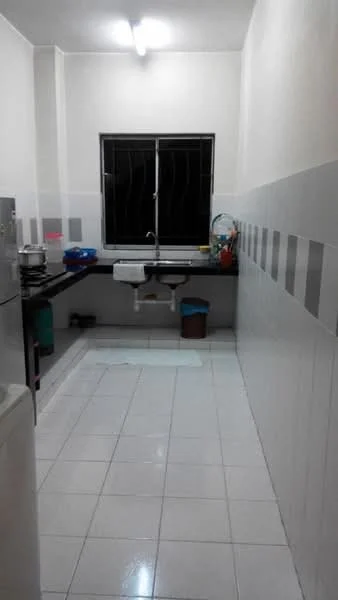 Kitchen features: white painted walls, grey tiled backsplash, white floor tiles, black countertop, single-bowl ceramic sink, chrome faucet, refrigerator, stove, window with security bars, plastic storage container, cleaning supplies, kitchen utensils.