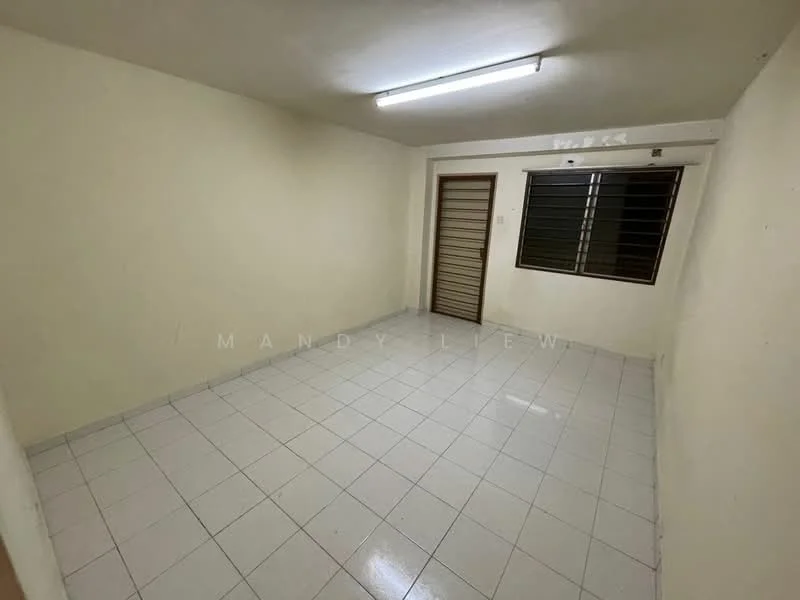 Room features: white painted walls, white tiled flooring, fluorescent ceiling light, sliding window with metal grille, plain ceiling, no visible furniture, empty room; style: minimalist.