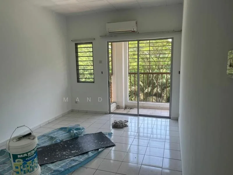 Room features: white painted walls, white ceiling, tile flooring, wall-mounted split AC, sliding glass door, window with metal grille, light-colored curtains, unfinished flooring area, paint bucket, blue tarp on floor; view: garden.