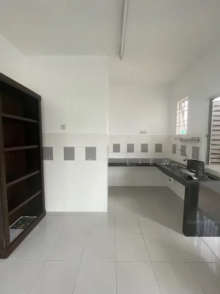 Kitchen features: white painted walls, grey tiled backsplash, black countertop, stainless-steel sink, chrome pull-down faucet, white floor tiles, built-in shelving unit, window with grid design; style: modern.