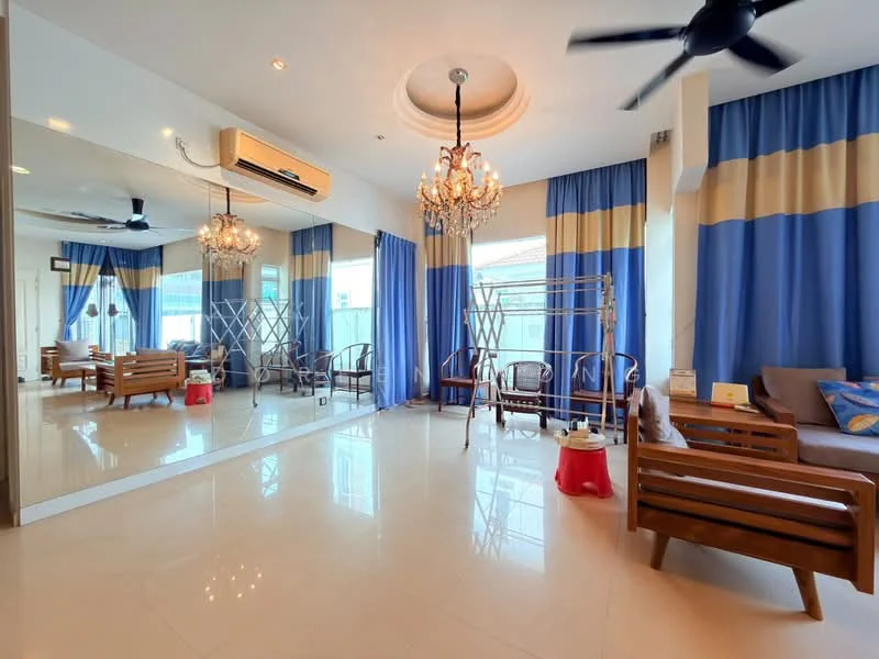 Living features: cream painted walls, white ceiling with tray ceiling, 5-blade ceiling fan with light, chandelier, large floor-to-ceiling windows, blue and gold striped curtains, polished tile flooring, two wooden armchairs, brown fabric sofa, coffee table, mirror wall, clothes rack; style: modern.