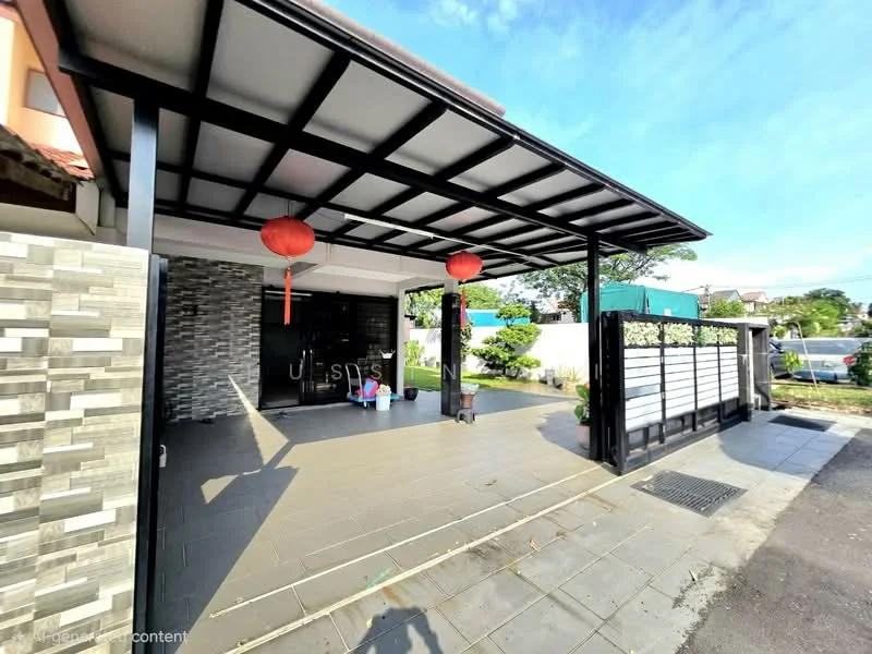 Exterior type: linked terrace house; features: covered car porch, grey tiled flooring, black metal gate, stone cladding on walls, decorative lanterns, manicured landscaping, paved driveway, surrounded by greenery; style: modern.