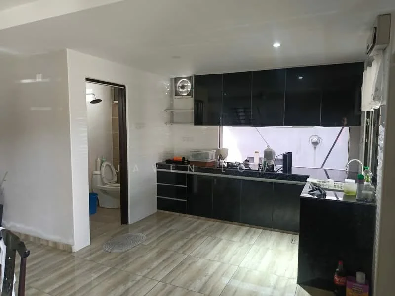 Kitchen features: black high-gloss cabinetry, white tiled backsplash, granite countertop, stainless-steel sink, chrome pull-down faucet, 4-burner gas hob, built-in oven, refrigerator, floor-to-ceiling windows, tile flooring, recessed downlights, open layout, dining table, wall-mounted range hood; style: modern. Room features: white painted walls, tile flooring, door leading to bathroom, unknown items in the background.