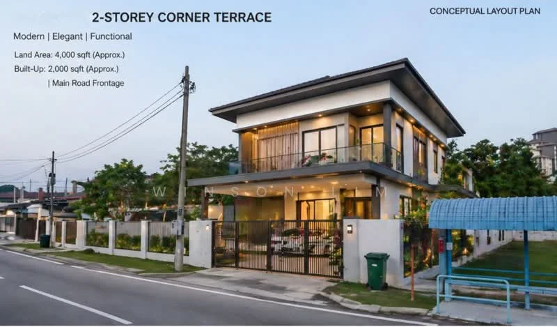 Exterior type: 2-storey corner terrace; features: modern facade with large windows, cream painted facade, flat roof, main road frontage, manicured lawn, fenced perimeter, driveway with interlocking pavers, covered car porch, balconies on upper floor, landscaped garden, outdoor seating area, visible utility area; style: modern.