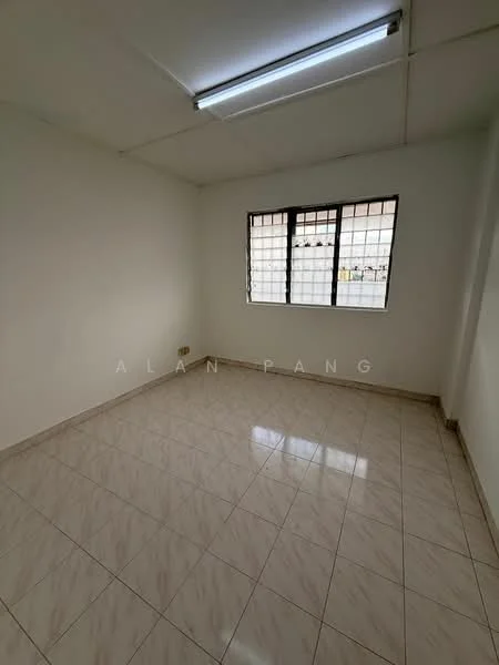 Room features: white painted walls, tile flooring, ceiling lights, square windows with metal grilles, no visible furniture, neutral color scheme, empty space, natural light from window; style: minimalist.